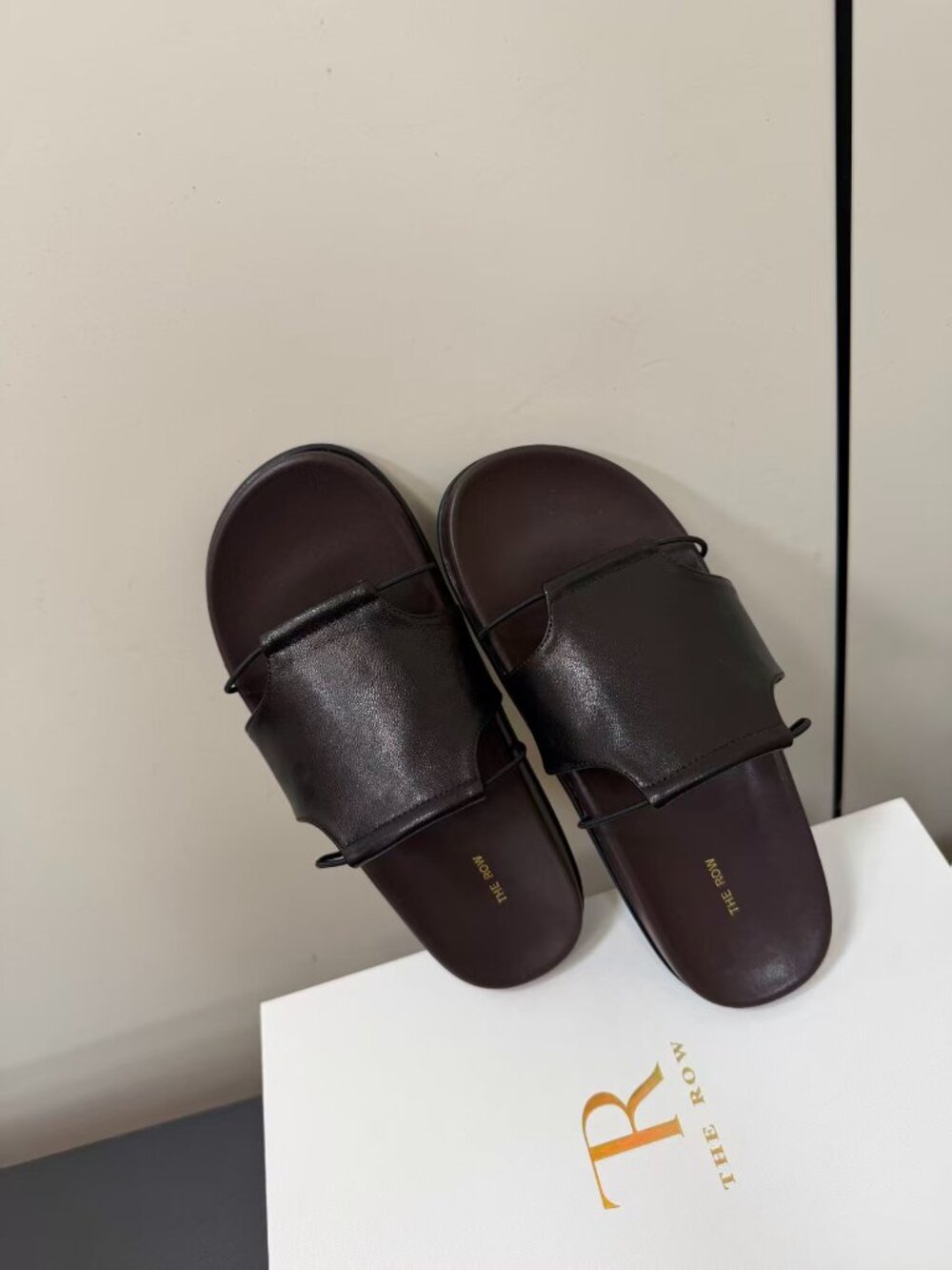 The Row Dark Brown Leather Slide Sandals Cutout Strap Slip On Flat Sandals
